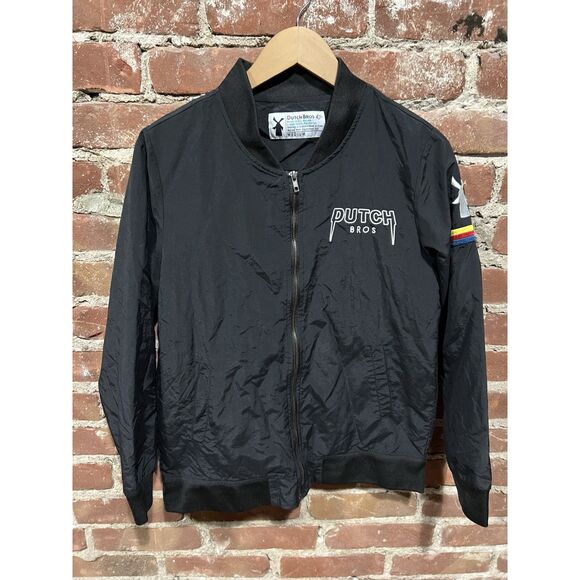 DUTCH BROS Coffee Metal Embroidered Logo Black Bomber Jacket Size Medium - Picture 1 of 6